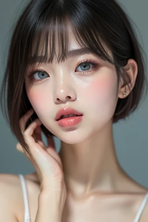 In a dimly lit room、Realistic upper body portrait photo of a woman with short bob hair and perfect face,Accurately depict the top of the head、Big Mouth,Thick lips、Only the center of the lips is open、Moisturized lips、Thick, plump and shiny lips with a clear lip balm、Fingertips touching lips