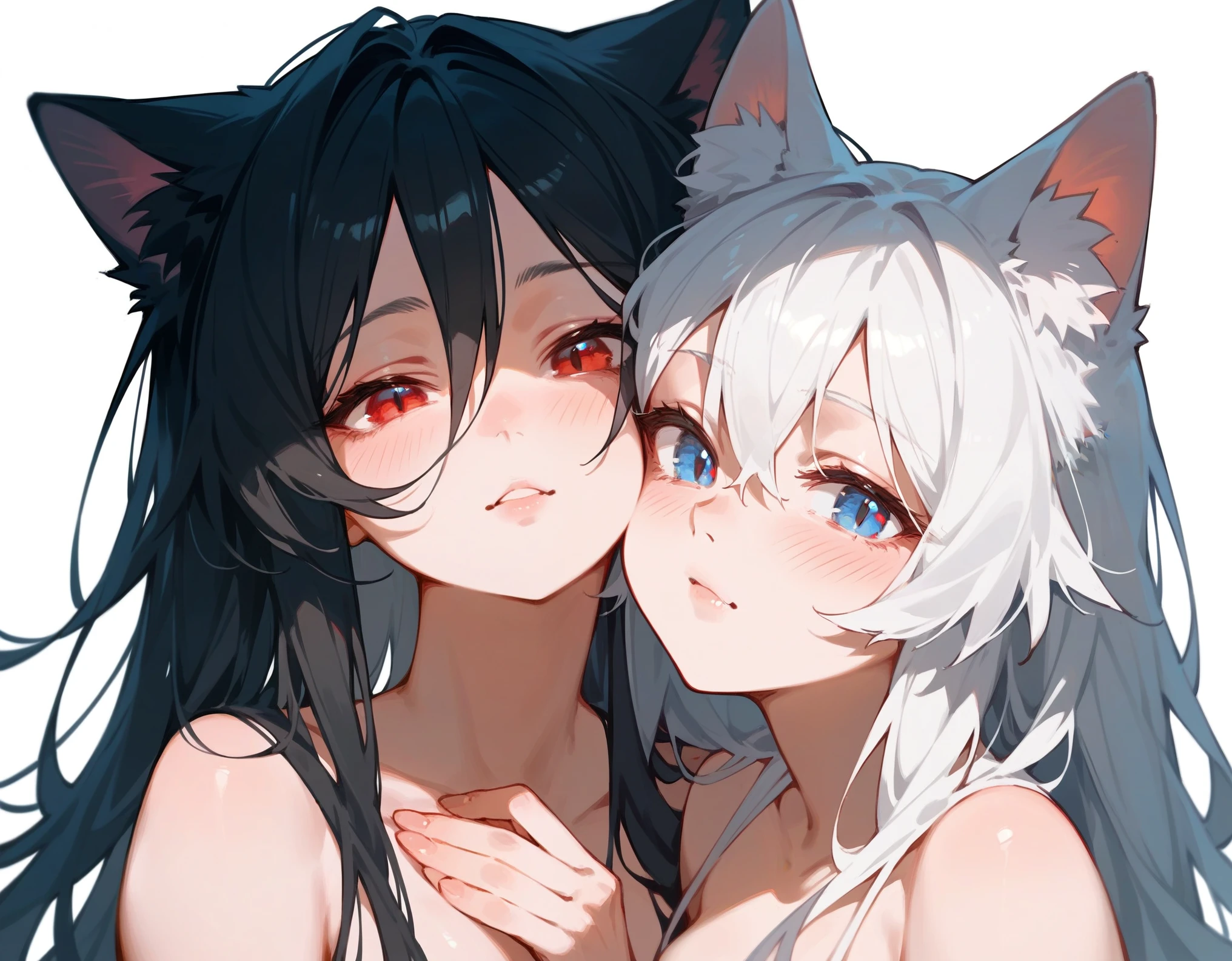 2 girls, (first girl is catgirl with white hair, red eyes), (2nd girl is catgirl with black hair, blue eyes) beautiful, face close