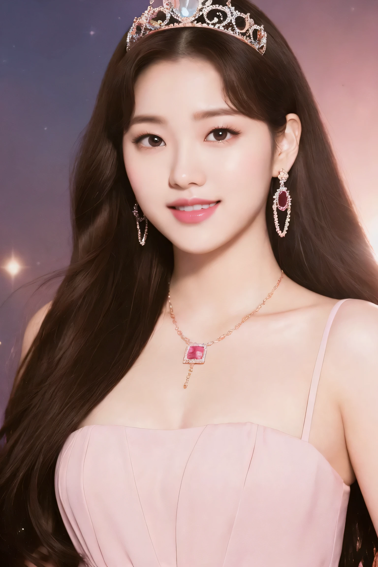 Red cheeks,Perfect lighting,Upper Body,Brown Hair,Long Hair,jewelry,Space Background,Earrings,Pink Dress,Realistic,necklace,looking at viewer,Tiara,Pink Lips,A light smile