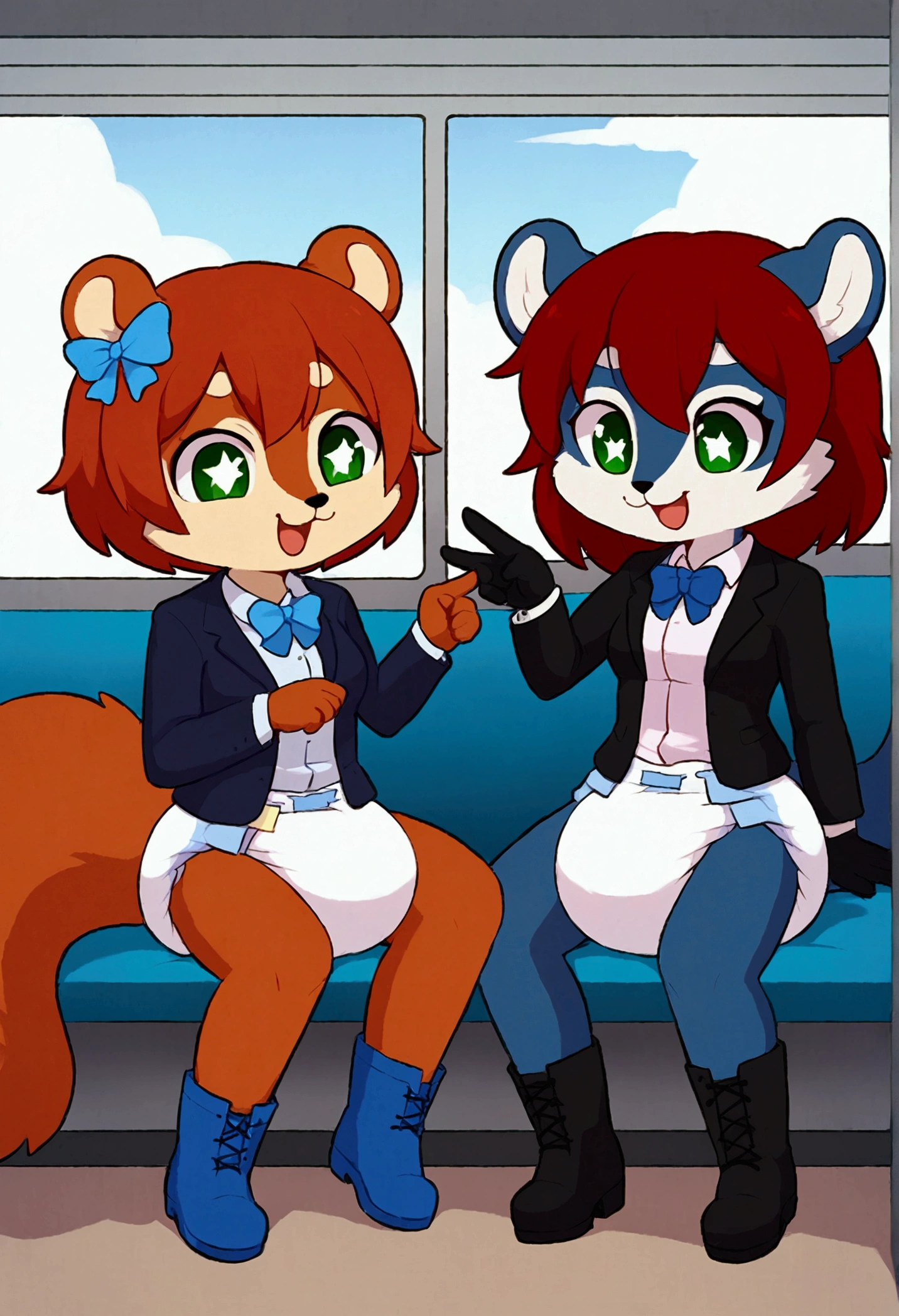 3 boys, squirrel, furry, bodyfur, blazer, bottomless, color tights, gloves, boots, cafe