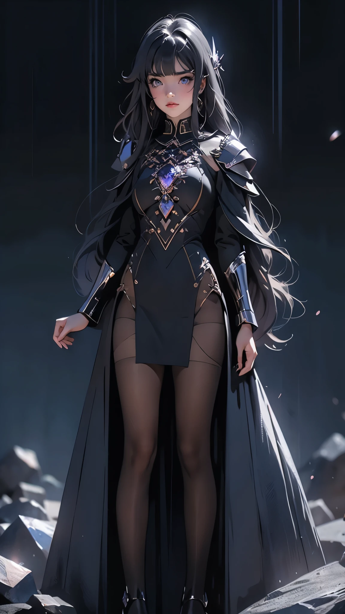 ((Masterpiece)), envision a 8k, highres, cinematic, extremely beautiful semi realistic full body pinup standing pose of a beautiful Asian Girl with a cute face, slender , soft face, straight black hair, side locks, long sweeping bangs, ((deep blue eyes)), soft lips, lip gloss, thick eyebrows, (((ahoge))), crystal armor, long sleeves, dress armor, skirt armor, crystal boots, Sapphire Jewels, leotard, high boots, ((((1girl)))), in dark lighting, against a dark gray background
