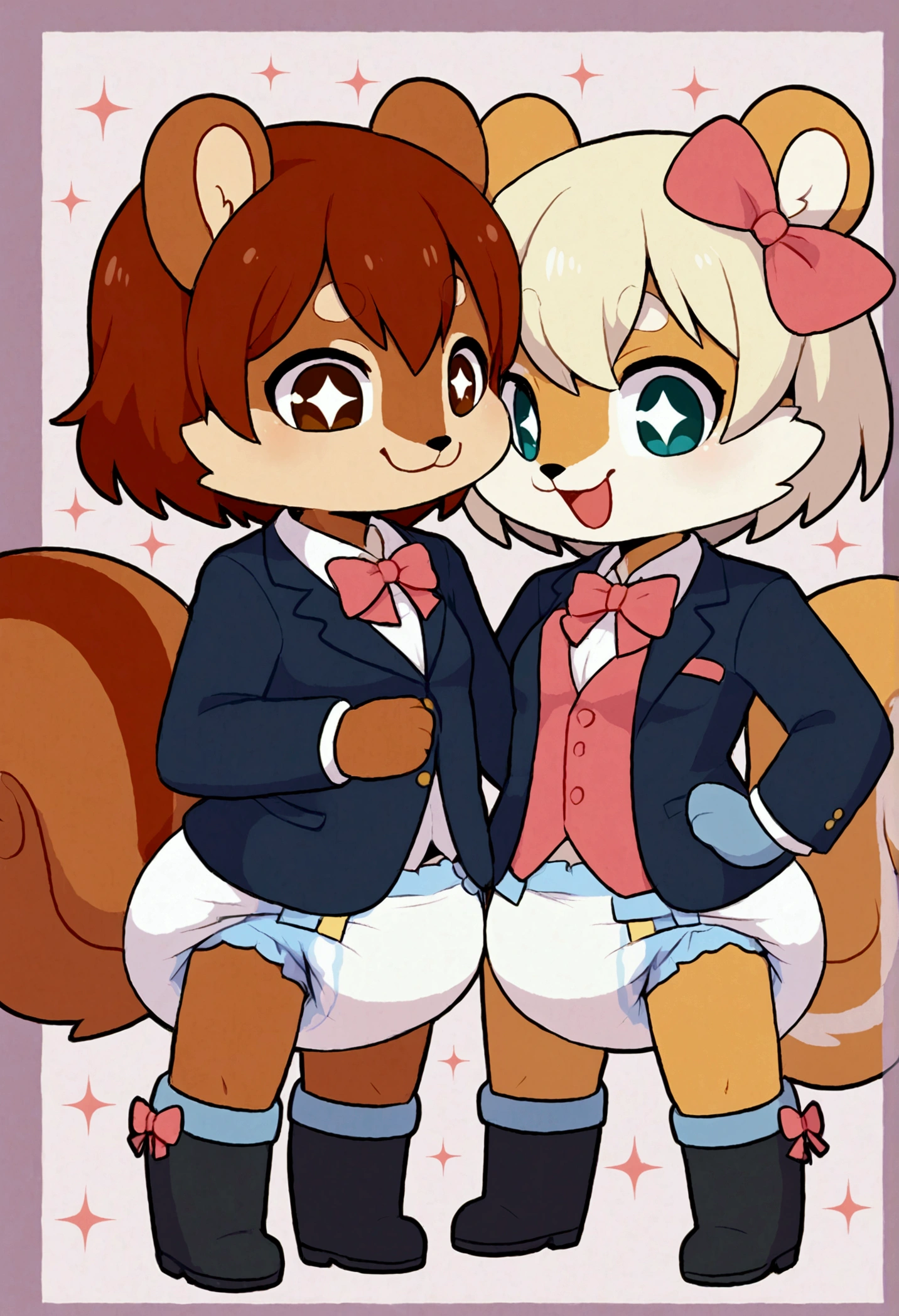 2 boys, squirrel and rabbit, furry, bodyfur, blazer, bottomless, color tights, gloves, boots
