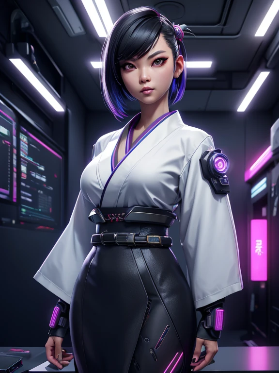 cyberpunk asian Woman ,in Japanese cotton! kimono like suit!, female with black hair, cybernetic face enhancement, Xtreme, breasts, big breasts, , cyberpunk Japanese kimono cotton!, dramatic lighting, realistic colors, highres, vivid colors, interior of cyberpunk corpo office landscape background, 8K image quality, Masterpiece