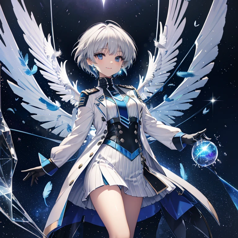 ((Archangel　Fantasy　Gray Hair　Short Hair Blue Eyes　1 person))　((There is a galaxy　Uniform　Please wear your coat without putting your arms through it.))　(((Wings many times larger than mine　Glass Feather)))　((Pillar of Light　Cyberpunk　Smiling Kindly　Front))　((tears　gloves))　(Broken glass　Rolling Pebble　Distorted Space-Time　star)　Catching the Wind　milky way　Shining Background　Particles of light　Iridescent Edge　Shining Edges　star  イヤリング　Blue gemstone earrings　流れstar　milky way