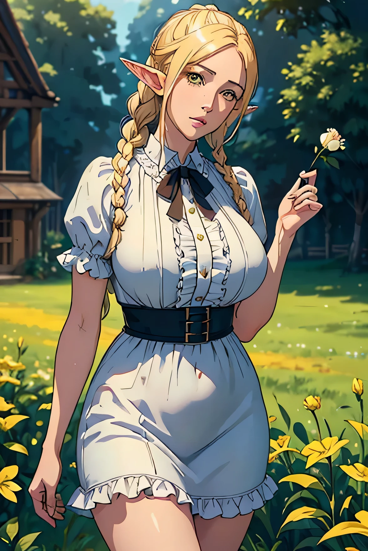 Beautiful Farmer with Braids. ((Blonde woman, very straight hair, young woman, mature milf face, ponytail hair, tall woman, elf ear)), Perfectly round face. beautiful cute face, big lips, beautiful and voluptuous, enchanting beauty, ((gentle expression on his face)), ((Beautiful big, detailed yellow eyes)), thin waist, long legs ((Dark blue dress with ruffles, mature adult woman, adult milf face, capa longa, farmer dress)) (high detailed)),official art, Award-winning digital painting, digital illustration, extreme details, 4K, Ultra HD, Rococo, polished, intricate, realistic fantasy art, sharp focus, conceptual artwork, arte por wlop, germ of art, (2D vector illustration) light, airy, hourglass figure. ellie bamber
