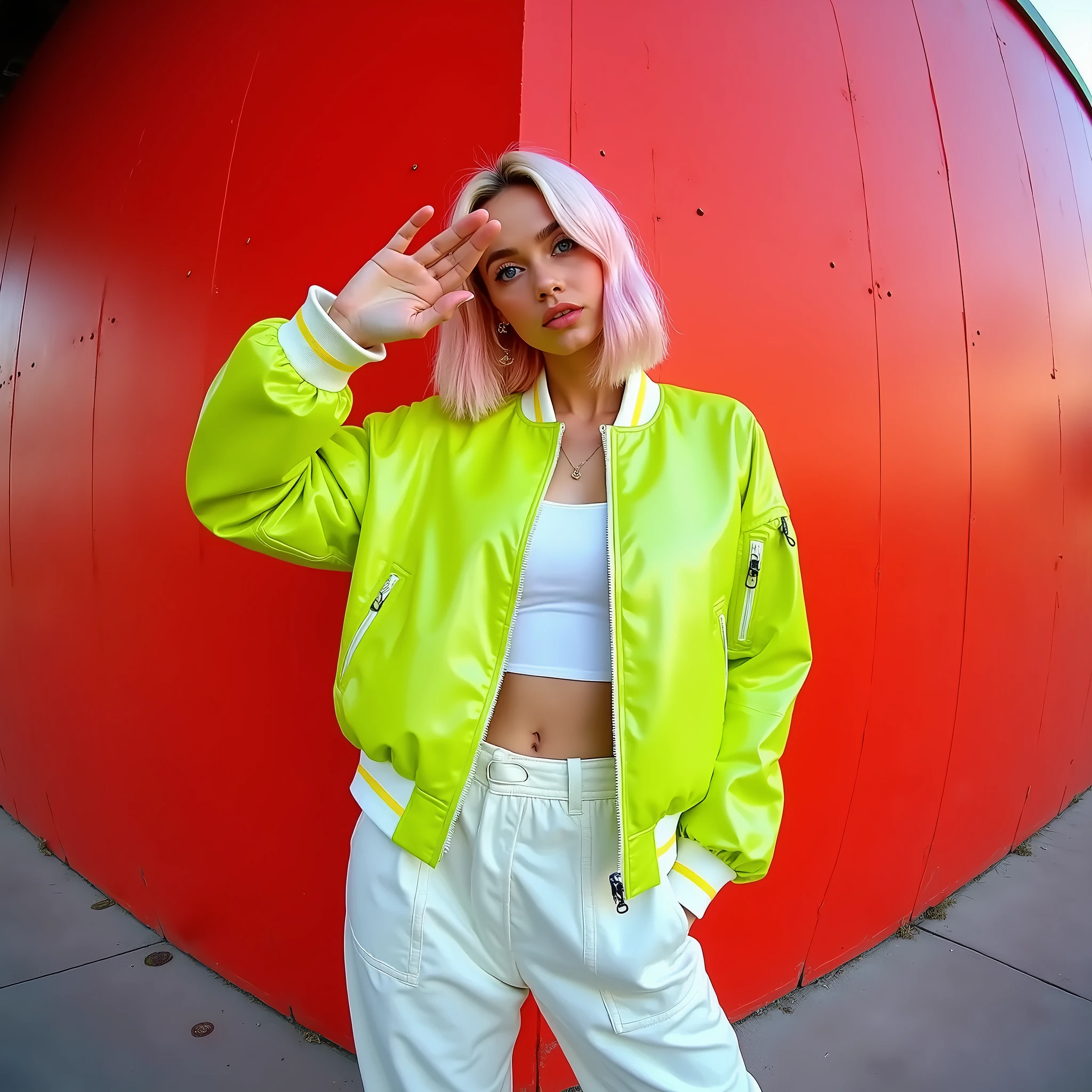 Arafed woman in a yellow jacket and white pants posing for a picture ...