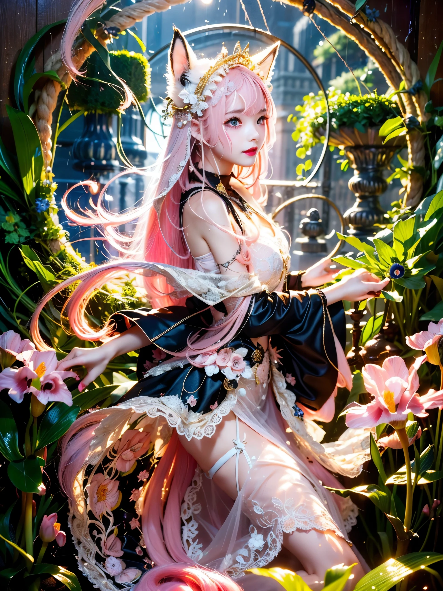 ((best quality)),((masterpiece)),(detailed),seductive queen succubus,ethereal beauty,perched on a cloud,enchanting gaze,captivating pose,((pink long hair)),otherworldly charm,mystical sky,(Luis Royo:1.2),(Yoshitaka Amano:1.1),moonlit night,soft colors,(detailed cloudscape:1.3),(high-resolution:1.2),portrait, aiuehara
