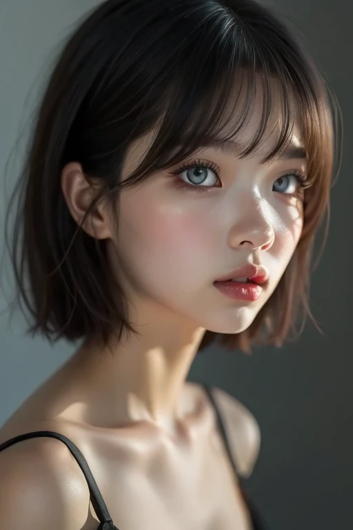 a beautiful woman with asymmetrical short bob haircut, flawless facial features, large open mouth with thick, wet, glossy lips in a dimly lit room, long thick false eyelashes slightly coming off, fingertips touching her lips, (best quality,4k,8k,highres,masterpiece:1.2),ultra-detailed,(realistic,photorealistic,photo-realistic:1.37),chiaroscuro lighting,dramatic shadows,dramatic lighting,moody,cinematic,high contrast,warm color tones