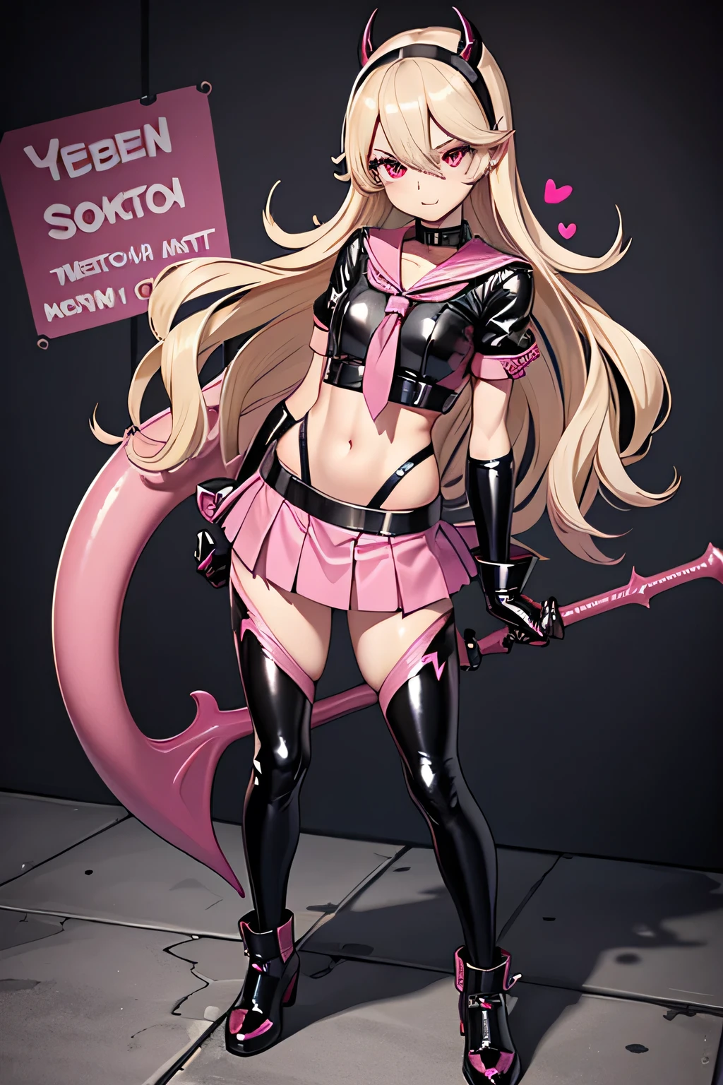 young, pink skirt, latex bodysuit, pink leather and latex, sexy evil demon, female corrin, pink and latex sailor school uniform, wild, evil, villain, bad girl, fantasy background, slim body, only tight skimpy clothes, whore, slut, black, pink-skirt, elbow gloves, short sleeves, bat wings, blonde bitch, devil tail, devil wings, girl, standing in a seductive way, full latex leggings, midriff, full body, beautiful, sexy girl, scary castle, thief, heart symbol, pink eyes