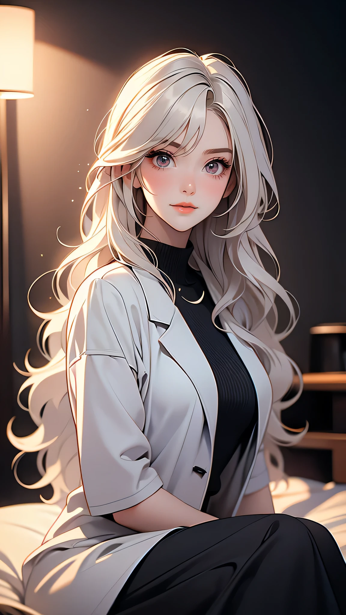 ((Masterpiece)), envision a 8k, highres, cinematic, extremely beautiful semi realistic full body pinup of a beautiful mature lady with a strong face, Elf ears, slender body, curvy, sweet face, doctor coat, scrubs, ((long wavy white hair)), blush, smile, flustered, side locks, round face, long sweeping bangs, red eyes, soft lips, lip gloss, thick eyebrows, round face, ((((1girl)))), in dark lighting, against a dark gray background