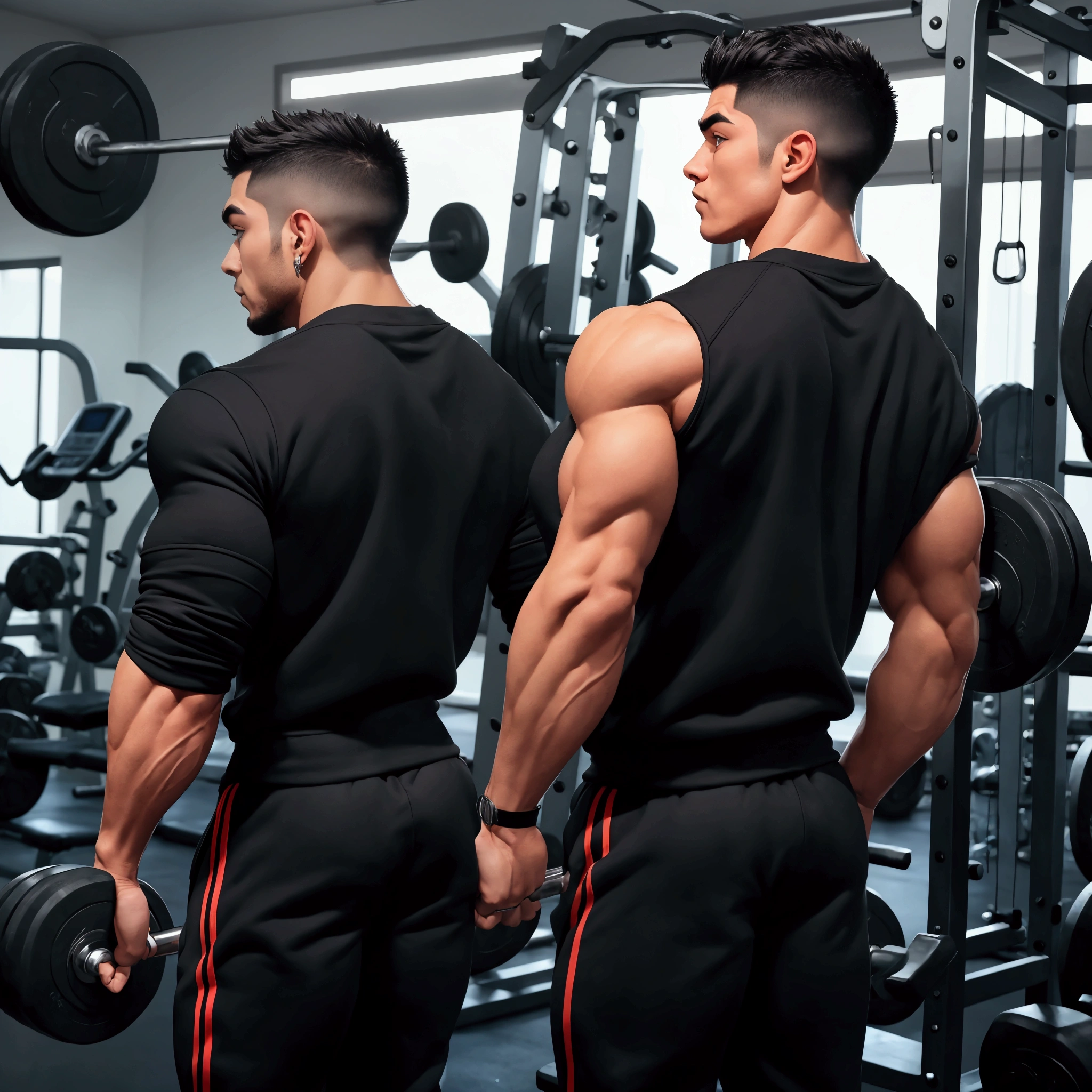 Muscular man with his back looking at a weight training gym, he appears to be 2 and is wearing a black sweatshirt, with black sports pants, on the back of the sweatshirt it says "voltare"