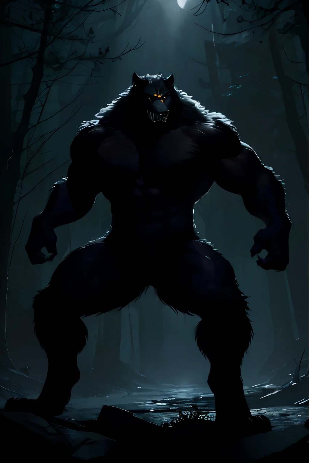 A towering 8-foot tall werewolf with a muscular, imposing build. The creature's fur is pitch black, sleek yet wild, catching the light with a subtle sheen. Its eyes are a piercing yellow, glowing with a fierce intensity. The werewolf’s posture is powerful, standing upright on hind legs, showcasing its massive, clawed hands and feet. Its broad shoulders and chest ripple with strength, with defined muscles visible beneath its thick fur. Sharp, gleaming fangs are exposed in a menacing snarl, and its pointed ears are alert, adding to the predatory look. The backdrop is a dark, misty forest under a full moon, casting an eerie glow around the creature, emphasizing its dominance and strength.