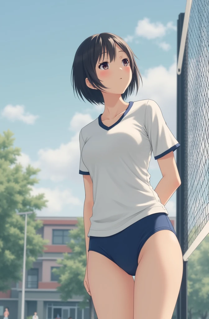 1 girl,alone,Youmu,white shirt,white socks, Gym suit,Dark blue bloomers, sports shoes, sitting, get your knees up,schoolyard,outdoor, blue sky,Sweat, front elevation
break
(masterpiece, highest quality,Super detailed,)