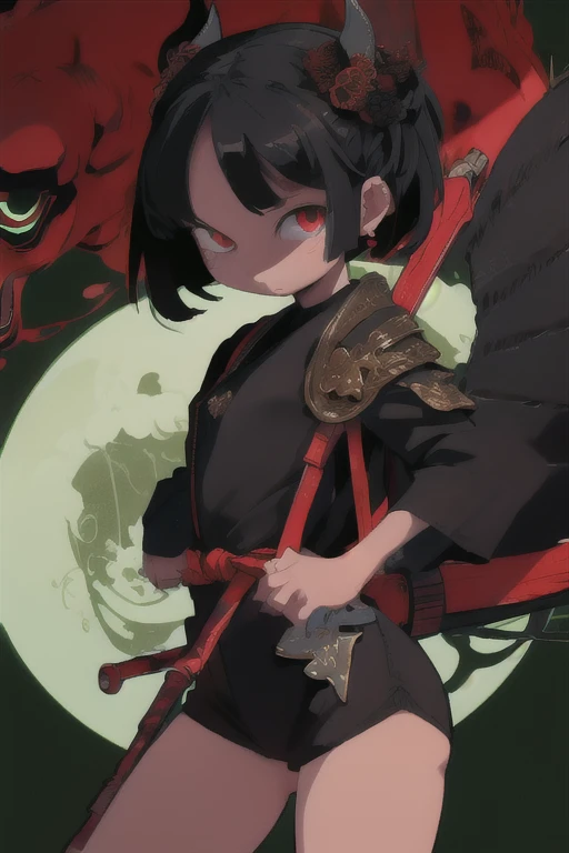 demon girl, long black hair, red eyes, of short linen, with scythe in hand, sexy pose, whole body