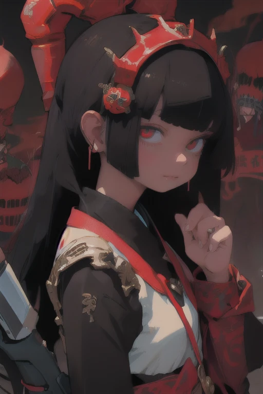 demon girl, long black hair, red eyes, of short linen, with scythe in hand, sexy pose, whole body