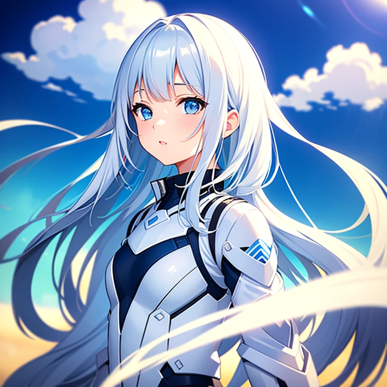 White combat suit with blue pattern, pretty girl, Pixie Cut Hair, Small breasts, Flat Chest, Outdoor, blue sky, Canon, masterpiece, high quality, High detail, Textured skin