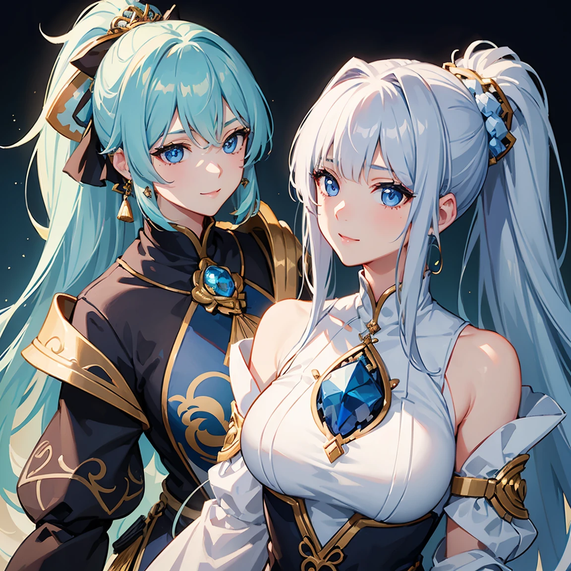 detailed portrait of a girl, hip-length wavy hair with purple, purple and turquoise tips, purple eyes, wearing a blue armor-like top and a blue silk-like ducktail style skirt with gold tones, sexy black knee-high stockings, heroine outfit with a necklace (best quality,4k,8k,high resolution,masterpiece:1. 2),ultra-detailed,(realistic,photorealistic,photo-realistic:1. 37), studio lighting, extremely detailed facial features, beautiful detailed eyes, beautiful detailed eyes, beautiful detailed lips, extremely detailed face, longeyelashes, blue skirt, blue top, anime style, vibrant colors, dramatic lighting, epic heroic pose