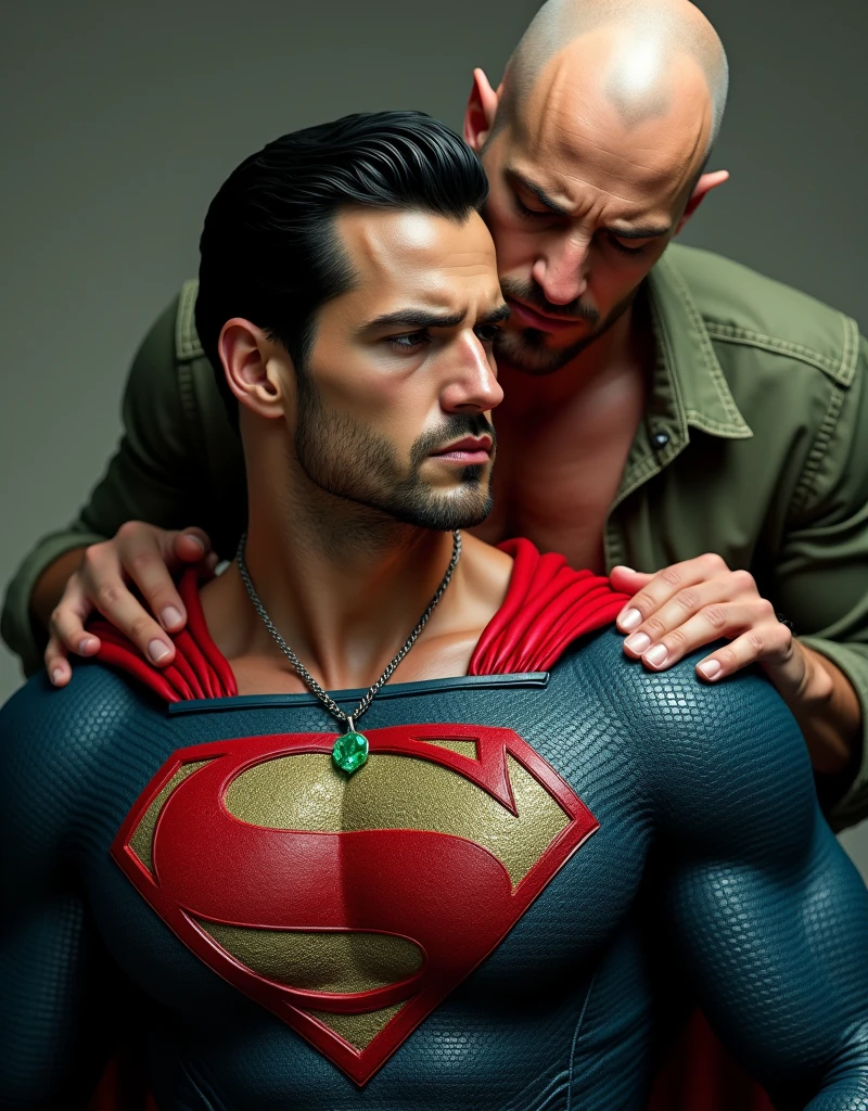 2 hombres, cuerpo completo, vello facial rapado, Superman borracho y masturbado por Lex Luthor en la cama, bulto grande, enorme_, mostrando pectorales y abdominales completos, wet dreams, Great erection, bulto grande, besos, pornographic