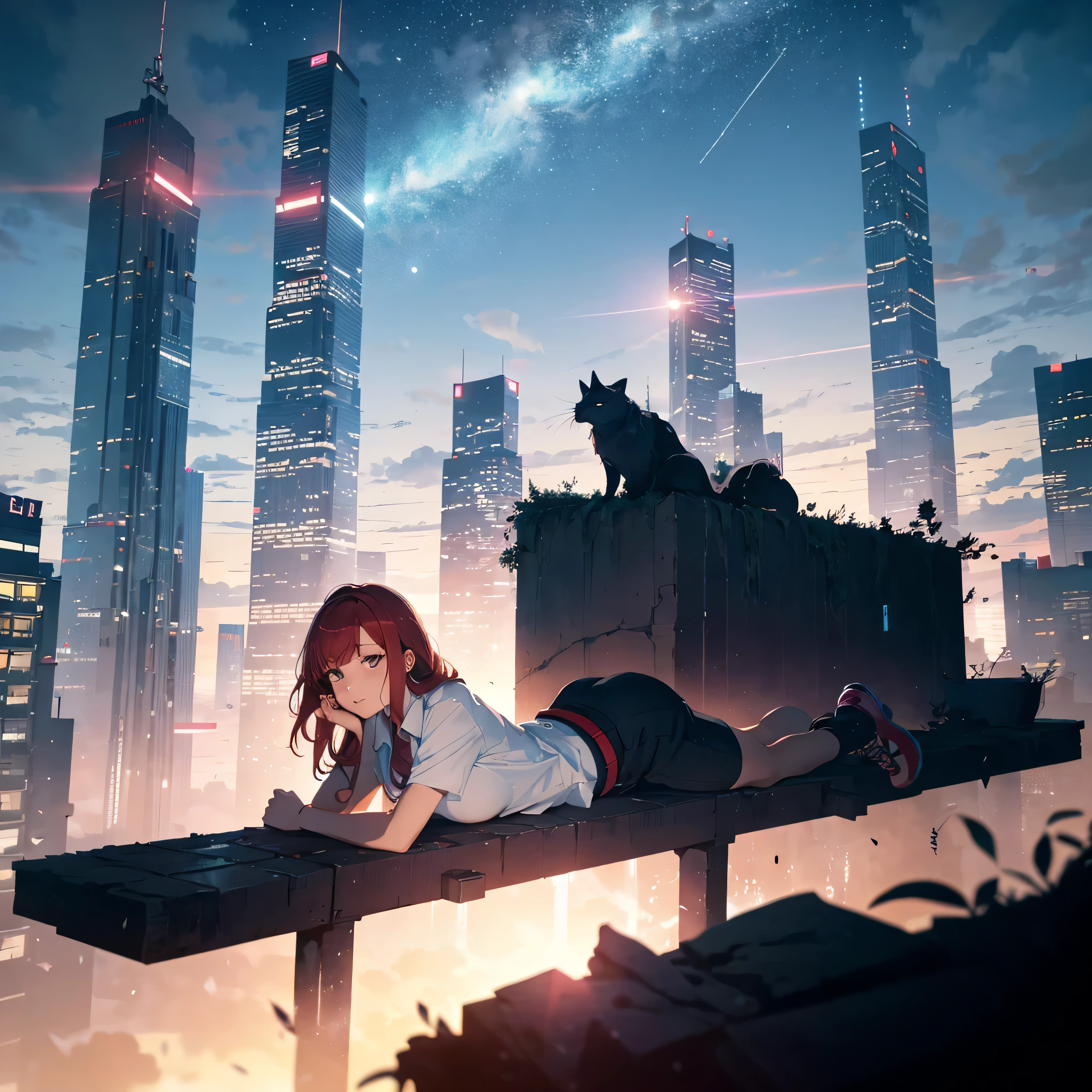 octans, sky, star (sky), scenery, starry sky, night, 1girl, night sky, solo, outdoors, building, cloud, comets, milky way, sitting, tree, bring small robot, long red hair, white shirt, golden eyes, black panties, wet, sexy, cyber city, futures, silhouette, cityscape, amazing, power, aura.
