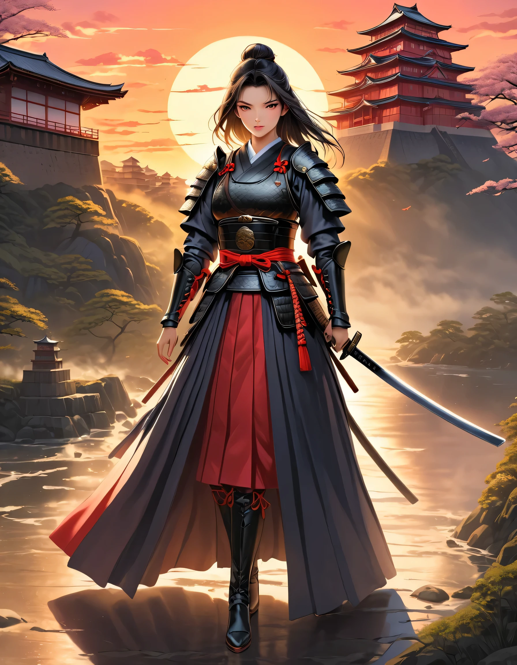 a picture of Japanese female samurai, she has long black hair, wearing samurai armor, armed with a katana, ready for battle, wearing samurai armor, wearing high heels boots, the sun is setting down in the background, there is a Japanese fortress, Japanese fantasy art, (Masterpiece: 1.5), best quality, 16k, ultra detailed, masterpiece, best quality, (extremely detailed), dynamic angle, ultra wide shot, photorealistic, RAW, fantasy art, dnd art, fantasy art, 