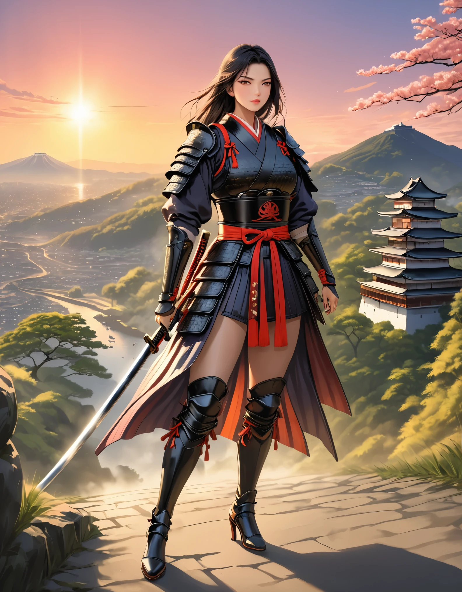 a picture of Japanese female samurai, she has long black hair, wearing samurai armor, armed with a katana, ready for battle, wearing samurai armor, wearing high heels boots, the sun is setting down in the background, there is a Japanese fortress, Japanese fantasy art, (Masterpiece: 1.5), best quality, 16k, ultra detailed, masterpiece, best quality, (extremely detailed), dynamic angle, ultra wide shot, photorealistic, RAW, fantasy art, dnd art, fantasy art, 