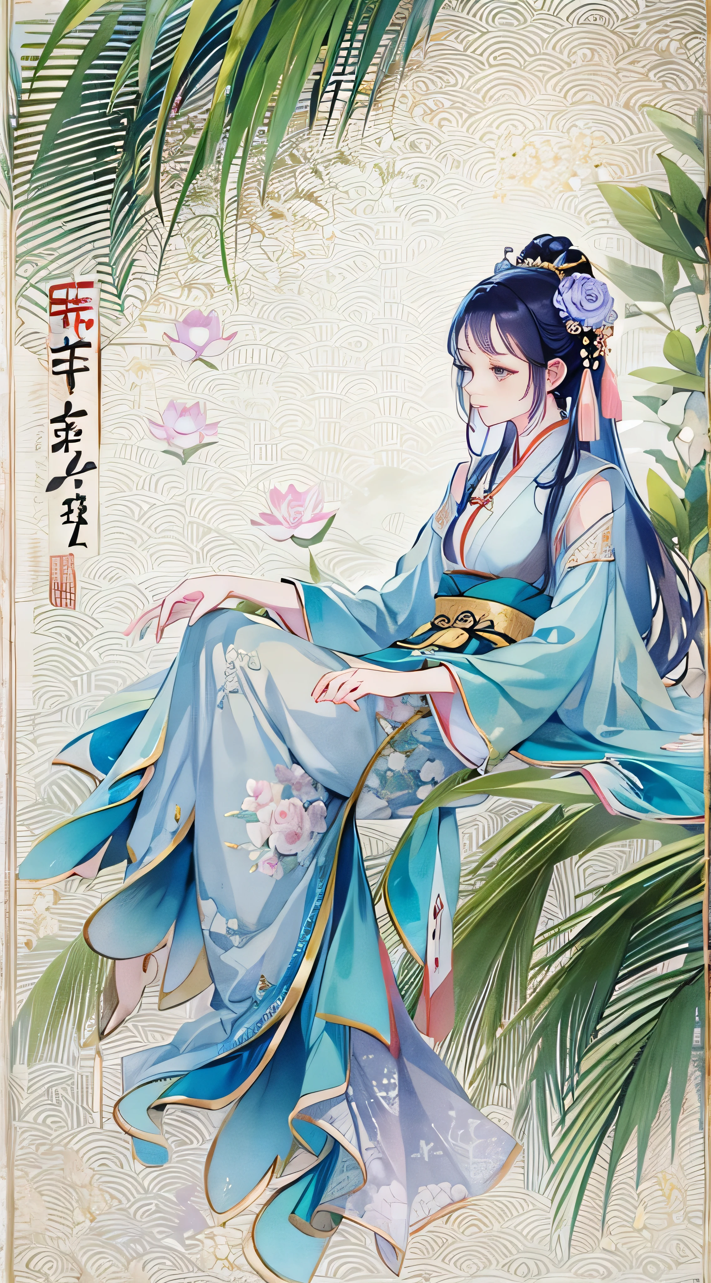 Ancient Chinese beauty sitting on a stone, wearing ancient chinese costume, Flowing blue tulle, Light Silk, Lazy pose, Big lotus leaf, Lotus flower, Ink painting style, Beautiful colors, The decisive cut, blank, free-hand, masterpieceHighly detailed, A magnificent composition, high quality, 最high quality, 4K