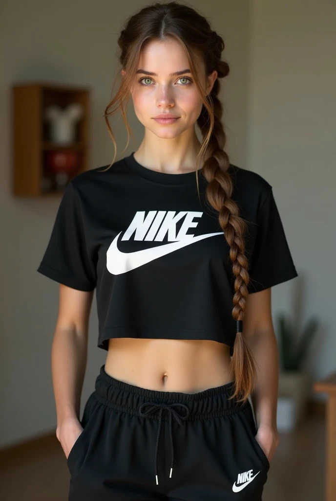 Très jeune femme blanche européene belle aux yeux verts et elle a une couronne de tresses brunes et une très longue tresse brune t-shirt noir court Nike gros logo blanc avec écrit Nike, qui porte un pantalon avec logo Nike blanc sur le pantalon noir Nike fleece assorti de sport fleece avec logo Nike. elle a 20 ans et elle est dans son salon avec une poitrine taille moyenne 90c avec tetons qui pointent. Elle n'est pas maquiller elle est naturelle et naturellement belle. Peau pale blanche comme de la porcelaine. Tetons qui pointent sous le tee shirt. Mamelons qui pointent sous le t-shirt décontracté 