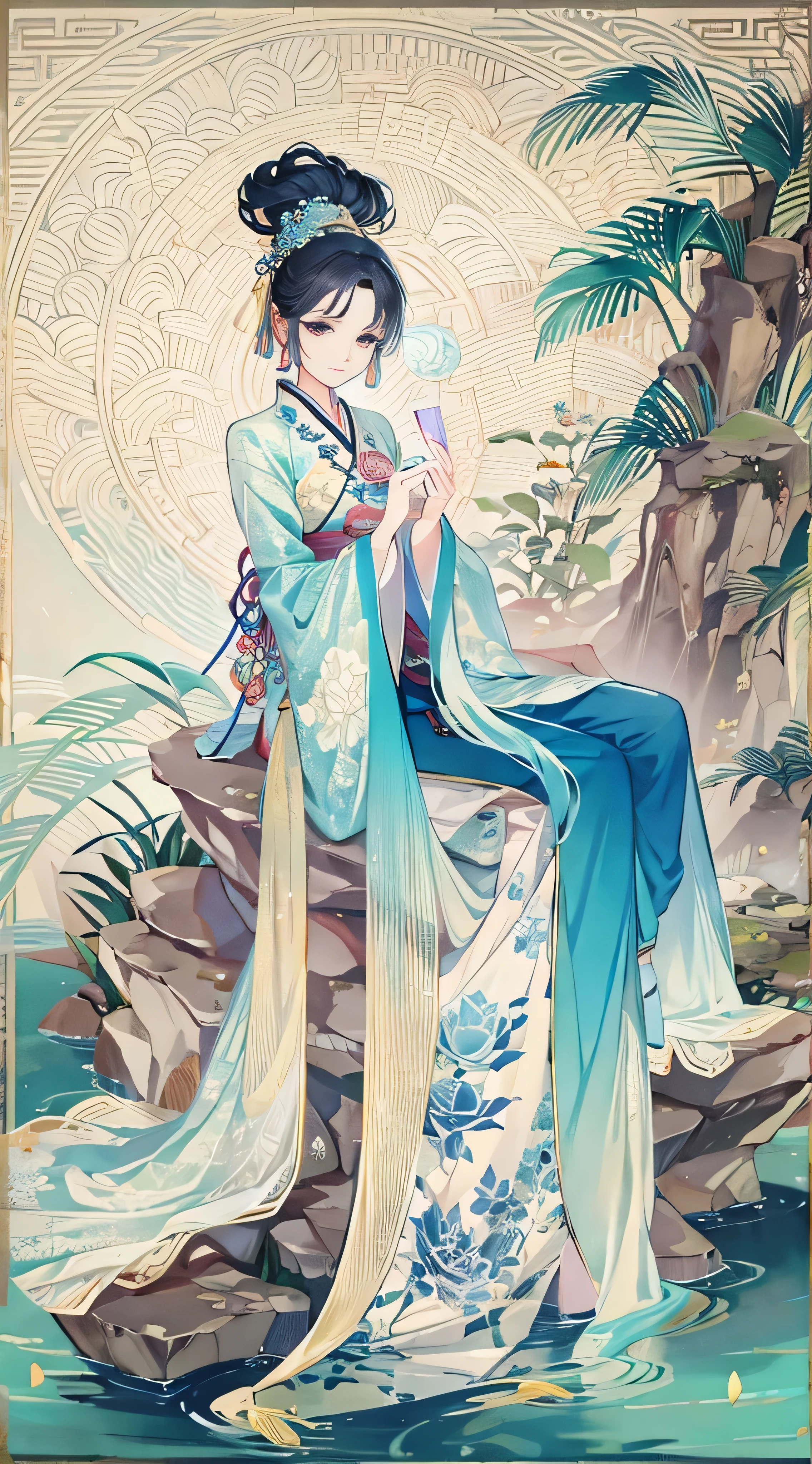 Ancient Chinese beauty sitting on a stone, wearing ancient chinese costume, Flowing blue tulle, Light Silk, Lazy pose, Big lotus leaf, Lotus flower, Ink painting style, Beautiful colors, The decisive cut, blank, free-hand, masterpieceHighly detailed, A magnificent composition, high quality, 最high quality, 4K