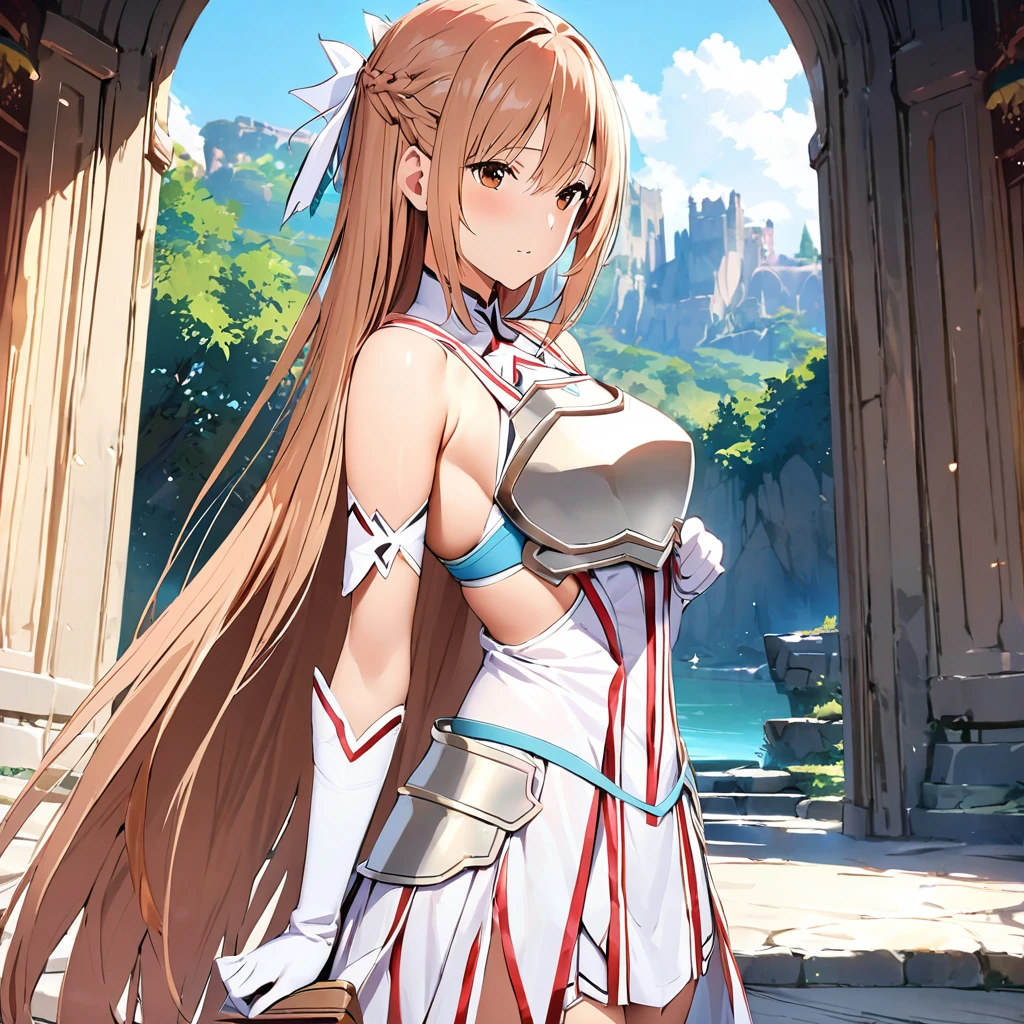 ((masterpiece)), Best Quality, Very detailed,(One Girl),Yuki Asuna、Asuna (Stay), Brown eyes, Bare shoulders, breastplate, armor, Sleeveless, gloves, White gloves, dress, (red and white dress), Long Hair, Beautiful background ,Clothing,  Chest, Wiggling her hips