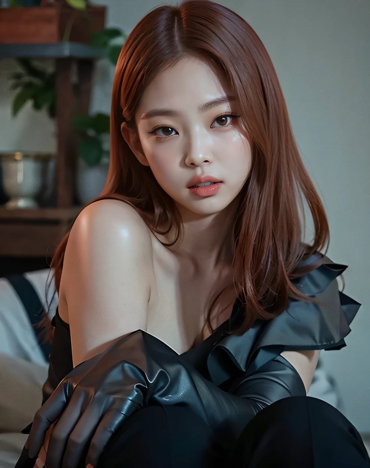 black pink jennie, almond eyes, full lips, large and voluptuous breasts . flirtatious look