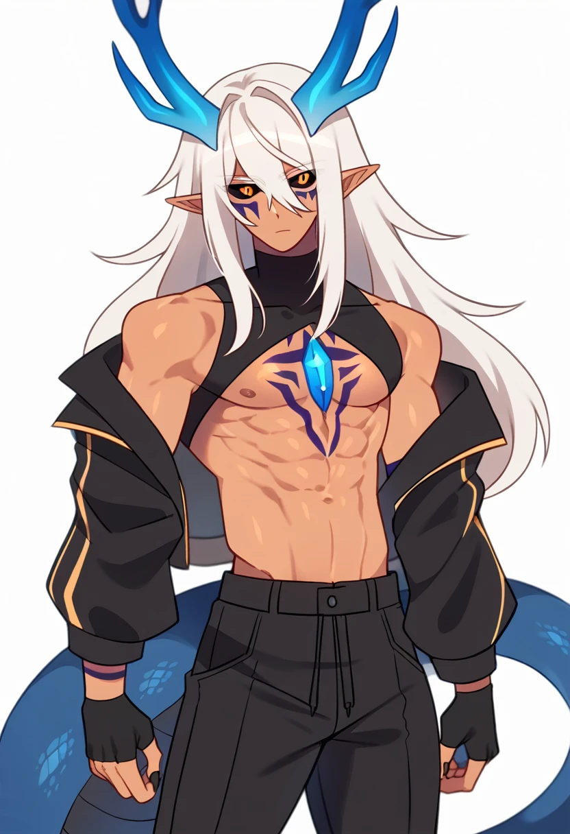 naughty man, Muscle, black and blue hair, best qualityrr,open chest vest, cropped preto, blue and black clothes, Dragon Wings, black cloth on face, silver cross chain on neck, black hood with blue horns