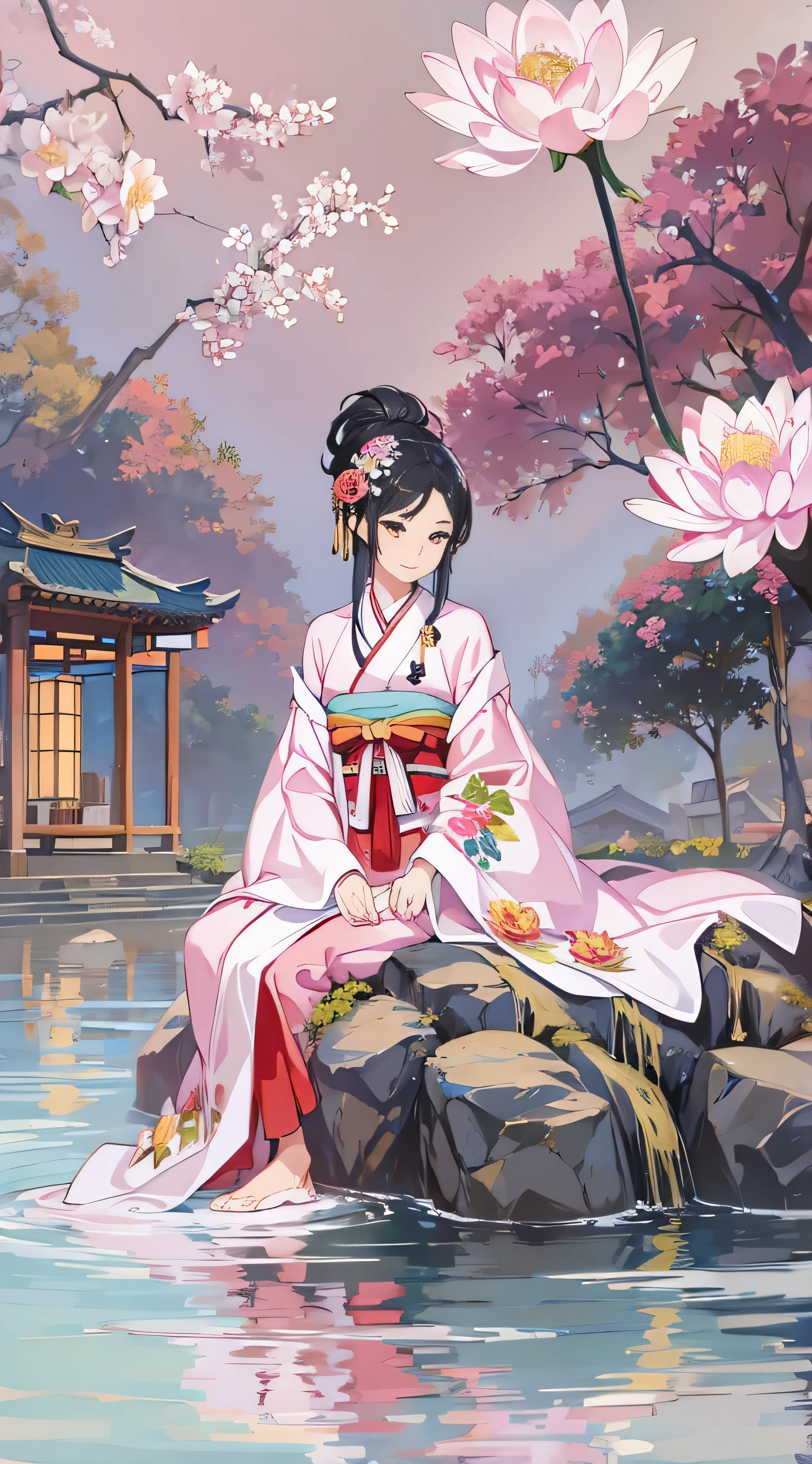 With high definition images，Ancient Chinese beauty sitting on a stone,Small birds playing on the river、 Beautiful woman wearing ancient kimono costume, A beautiful woman in a flowing pink satin floral kimono, Light Silk, Pose with a smile, Big lotus leaf, Lotus flower, Ink painting style, Beautiful colors, The decisive cut, Facial details, free-hand, masterpieceHighly detailed, A magnificent composition, high quality, 最high quality, 4K