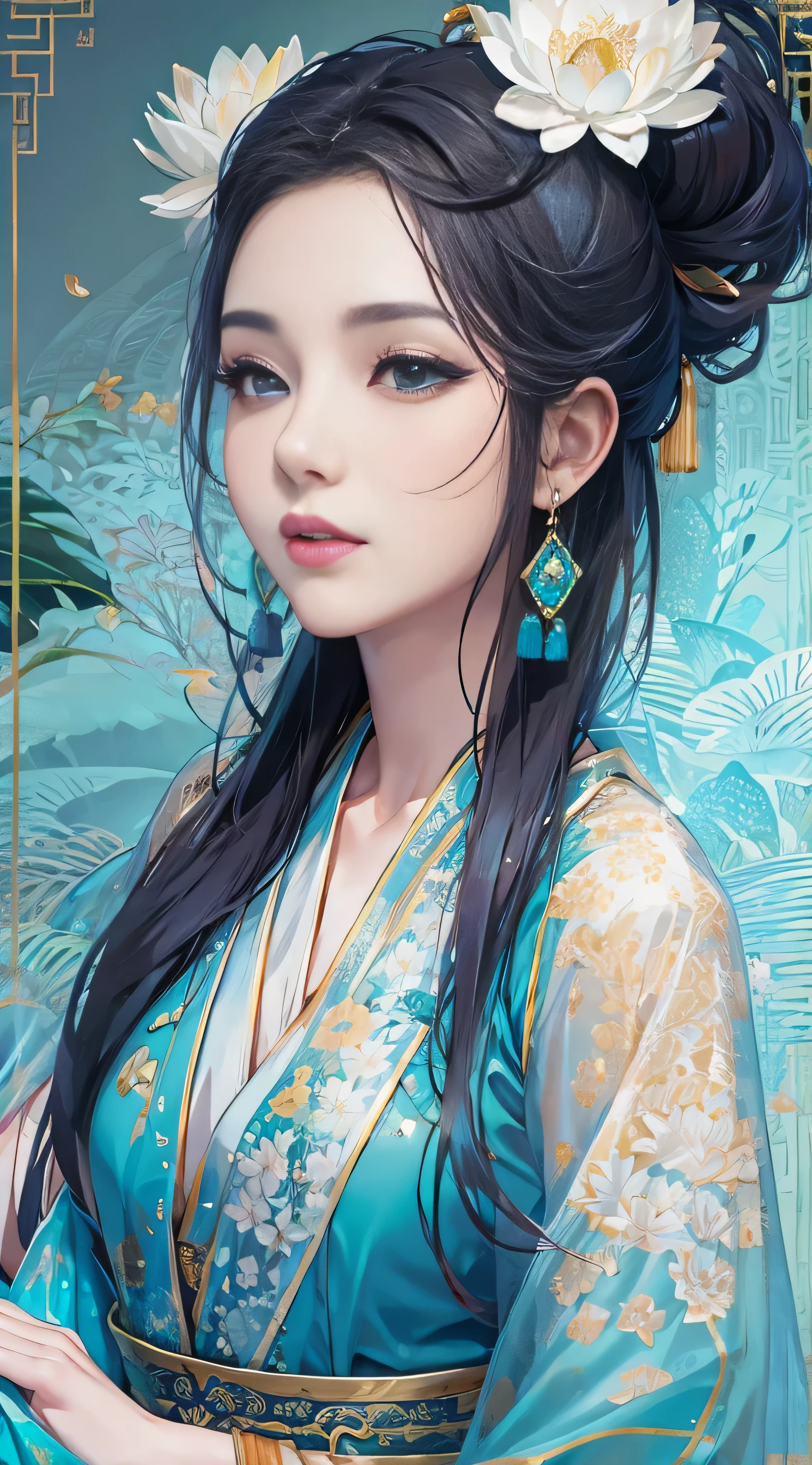 Ancient Chinese beauty sitting on a stone, wearing ancient chinese costume, Flowing blue tulle, Light Silk, Pose, Big lotus leaf, Lotus flower, Ink painting style, Beautiful colors, The decisive cut, blank, free-hand, masterpieceHighly detailed, A magnificent composition, high quality, 最high quality, 4K