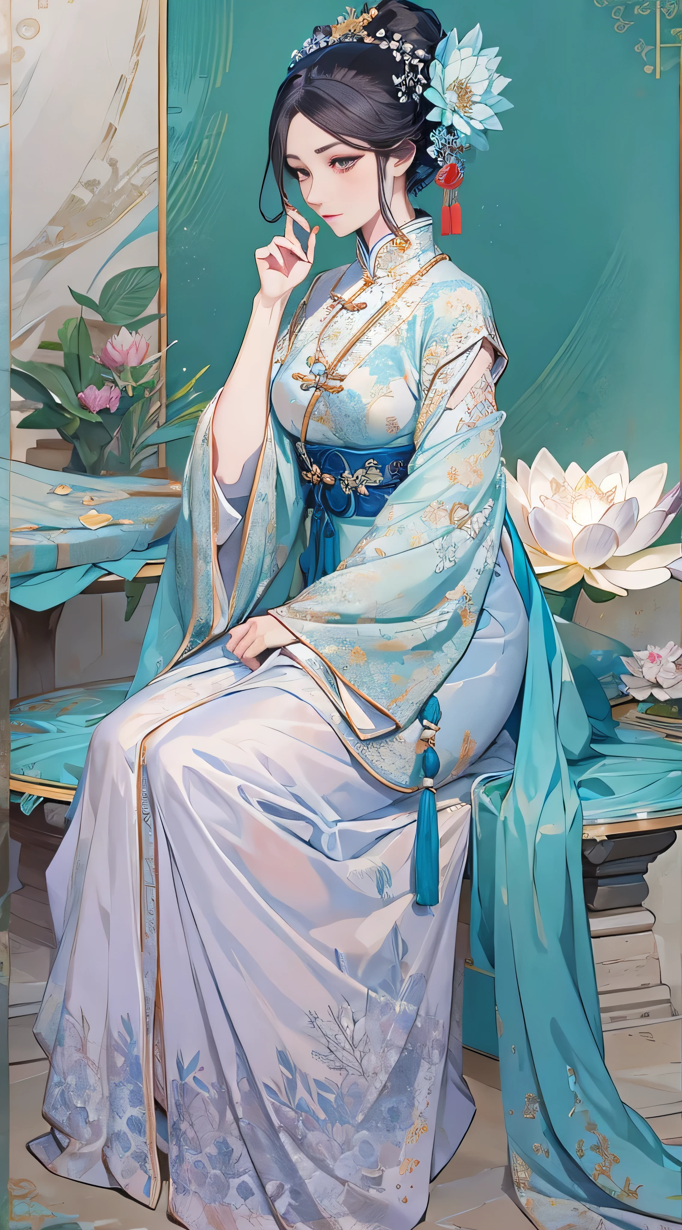 Ancient Chinese beauty sitting on a stone, wearing ancient chinese costume, Flowing blue tulle, Light Silk, Pose, Big lotus leaf, Lotus flower, Ink painting style, Beautiful colors, The decisive cut, blank, free-hand, masterpieceHighly detailed, A magnificent composition, high quality, 最high quality, 4K