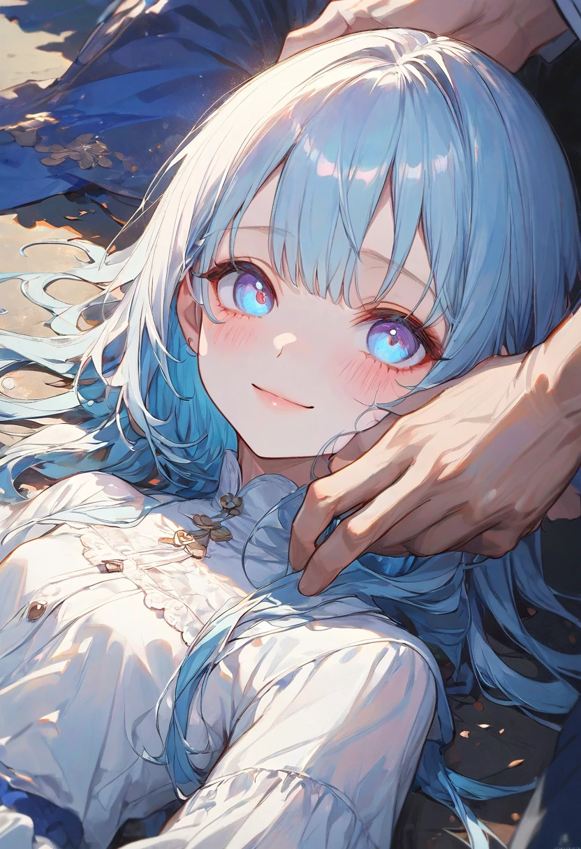 masterpiece, best quality, extremely detailed, (illustration, official art:1.1), 1 girl ,(((( light blue long hair)))), ,(((( light blue long hair)))),light blue hair, , long hair ((blush)) , cute face, big eyes, masterpiece, best quality,(((((a very delicate and beautiful girl))))),Amazing,beautiful detailed eyes,blunt bangs((((little delicate girl)))),(((tareme))),droopy eyes.(true beautiful:1.2), sense of depth,dynamic angle,,,, affectionate smile, (true beautiful:1.2),,(tiny 1girl model:1.2),)(flat chest), 1girl, 1boy, littlepark, smile, man's hand touches a girl, hand that takes off clothes, lie down on the ground, A man's hands touch a girl's body, nsfw, man 2hand,