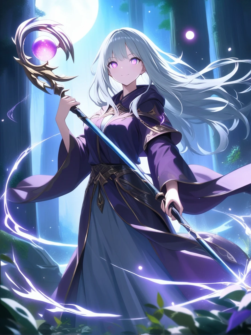an elf mage, long lilac hair, bangs covering one eye, large breasts, exposed thighs, hair between eyes, heroic posture, lilac eyes, full body, dark blue and purple cloak, confident, fantasy, medieval, lightning magic, night, lens reflection