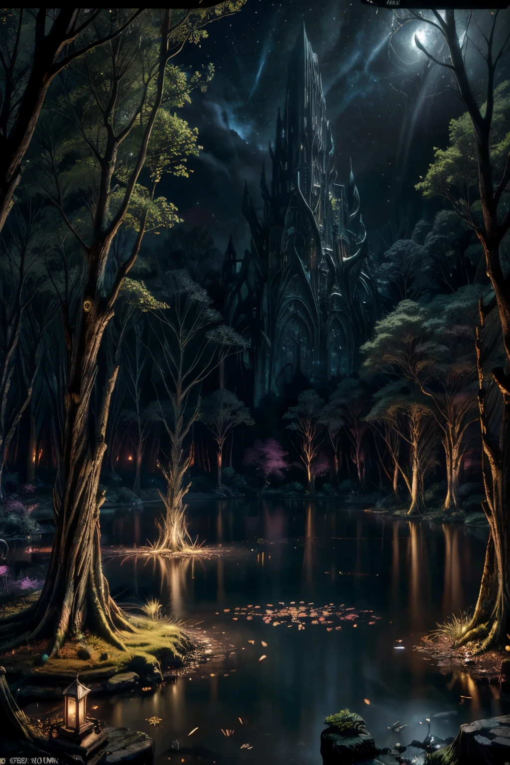 a spectacular night, ethereal moonlit forest, glowing fireflies, mystical atmosphere, vibrant stars in the sky, serene pond reflecting the night sky, ancient ruined temple, gnarled twisted trees, dramatic lighting, dramatic shadows, cinematic composition, fantasy, surreal, (best quality,4k,8k,highres,masterpiece:1.2),ultra-detailed,(realistic,photorealistic,photo-realistic:1.37),detailed night sky, dramatic moody lighting