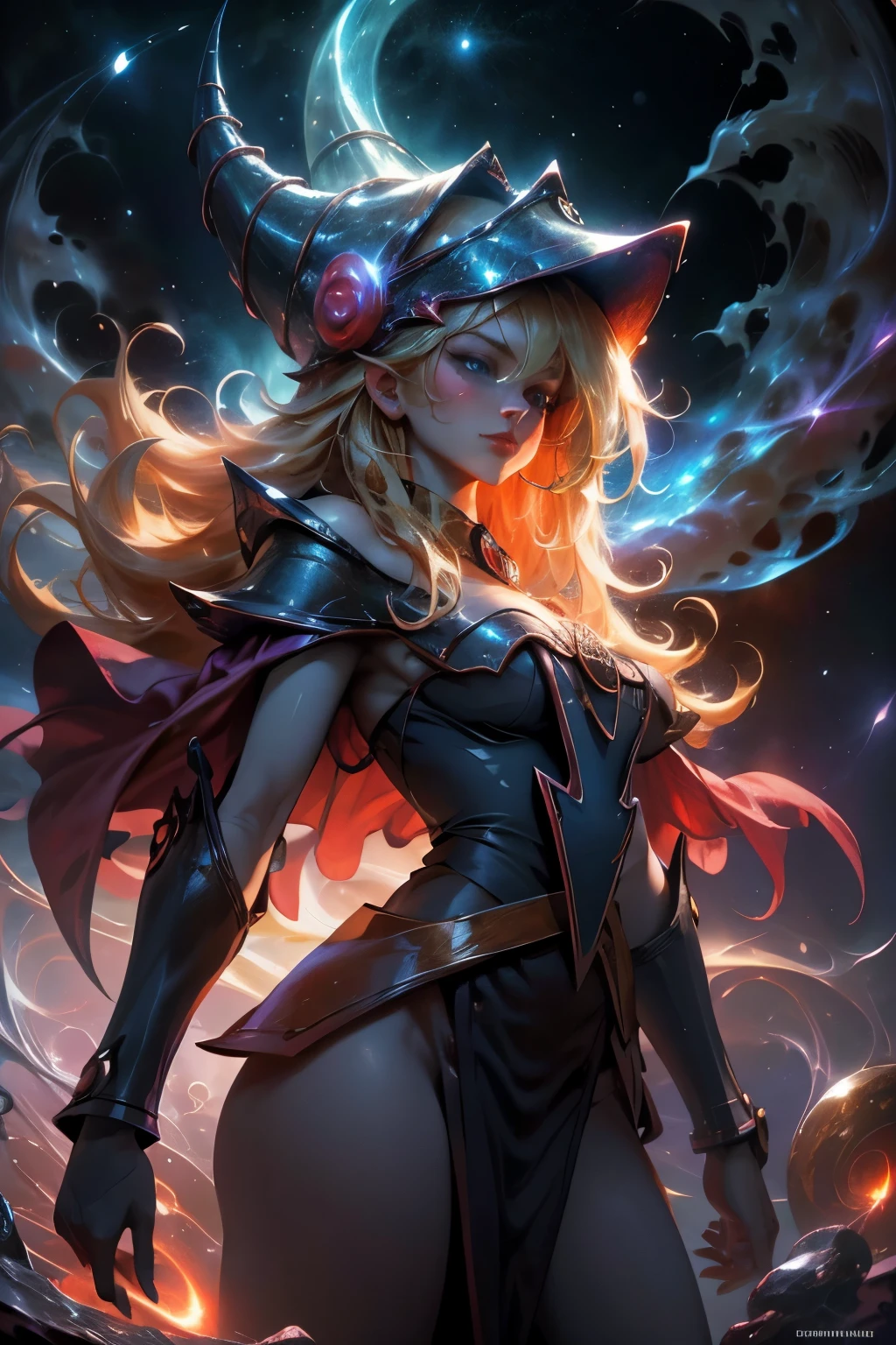 Giles dark wizards. dark wizards. blue eyes. blond hair. Red lips. Detailed Features.., cosmic colors, ethereal lighting, surreal painting, high resolution, otherworldly atmosphere, celestial beings. Beautiful goddess