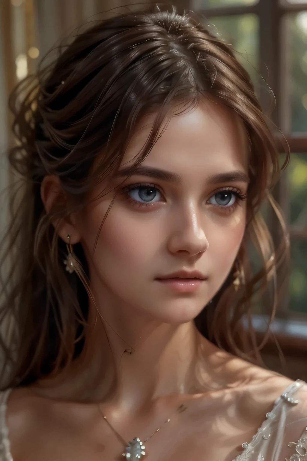 A beautiful girl, detailed face, piercing eyes, delicate lips, long eyelashes, elegant hairstyle, angelic expression, detailed skin texture, soft lighting, warm color tones, cinematic composition, award-winning portrait painting, masterful brushstrokes, oil painting, highly detailed, photorealistic, 8k, best quality, masterpiece