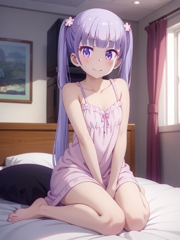 (masutepiece, Best Quality, hight resolution, nffsw, Perfect Pixel, depth of fields, 4K), 
1girl in,  , Beautiful anime girl, 
Looking at Viewer, 
Perfect body,  

 aoba suzukaze, ribbon, 
、  nightgown, bare shoulders, ,, , ,  , ,, indoor , bed room, on bed, thighs, bare foot, smile