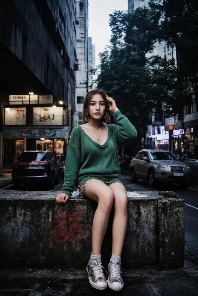 A cinematic film photo shoot in honkong city street, shot on mamiya R67 with 35mm lens and f-1.4, intricate high angle view, there was a young pretty japanese idol girl with emotional expression and beautiful ayes, sitting astride on the concrete fence with graffiti art, right hands on the neck and left hand on the head, dynamic pose, in minimal lace dress in oversize old green sweater with sneakers, open legs, messy long hairstyle, natural moody, poetic, reality of life, late afternoon, windy, dramatic neon light and ambient, very ultra highly detailed, sharp focus, extremely high quality photo, film bokeh, japanese analog film photo looks, photoreal