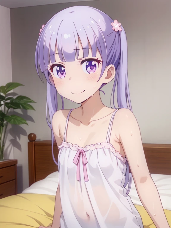 (masutepiece, Best Quality, hight resolution, nffsw, Perfect Pixel, depth of fields, 4K), 
1girl in,  , Beautiful anime girl, 
Looking at Viewer, 
Perfect body,  upper body

 aoba suzukaze, ribbon, 
、  nightgown, bare shoulders, ,, , , wet hair, , sweat,,,  , ,, indoor , bed room, on bed, smile