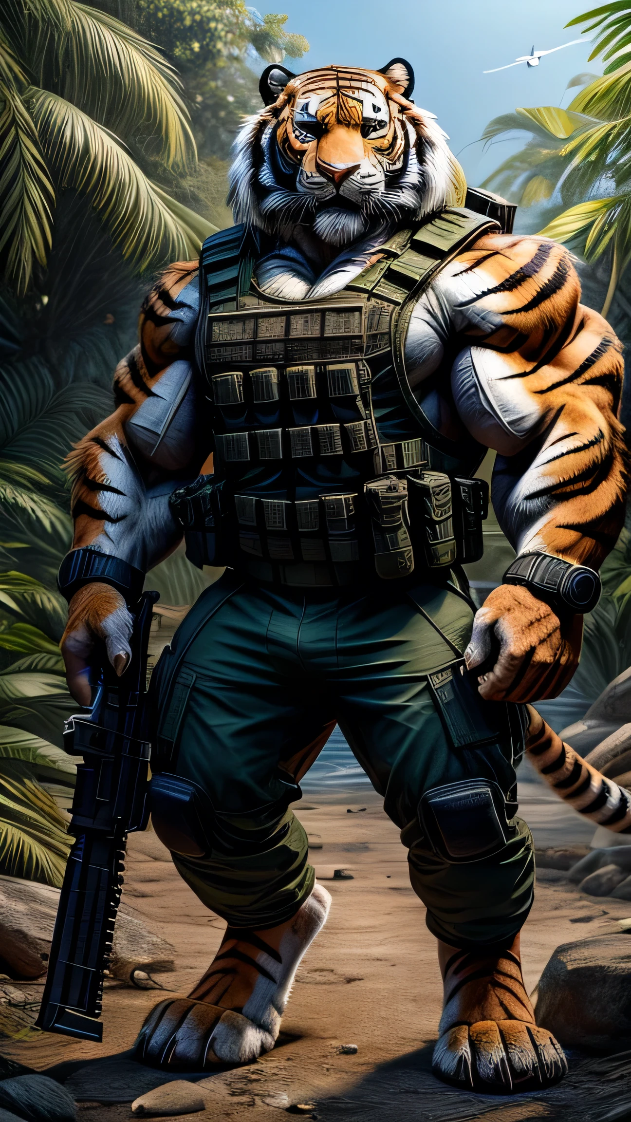 An extremely muscular Siberian tiger, Standing, with huge muscles bulging under his tactical vest, holding an assault rifle with ease. Their paws look like they could crush the ground with every step., and its claws are ready for combat. Behind him, a dense tropical jungle, as helicopters fly overhead on reconnaissance missions

