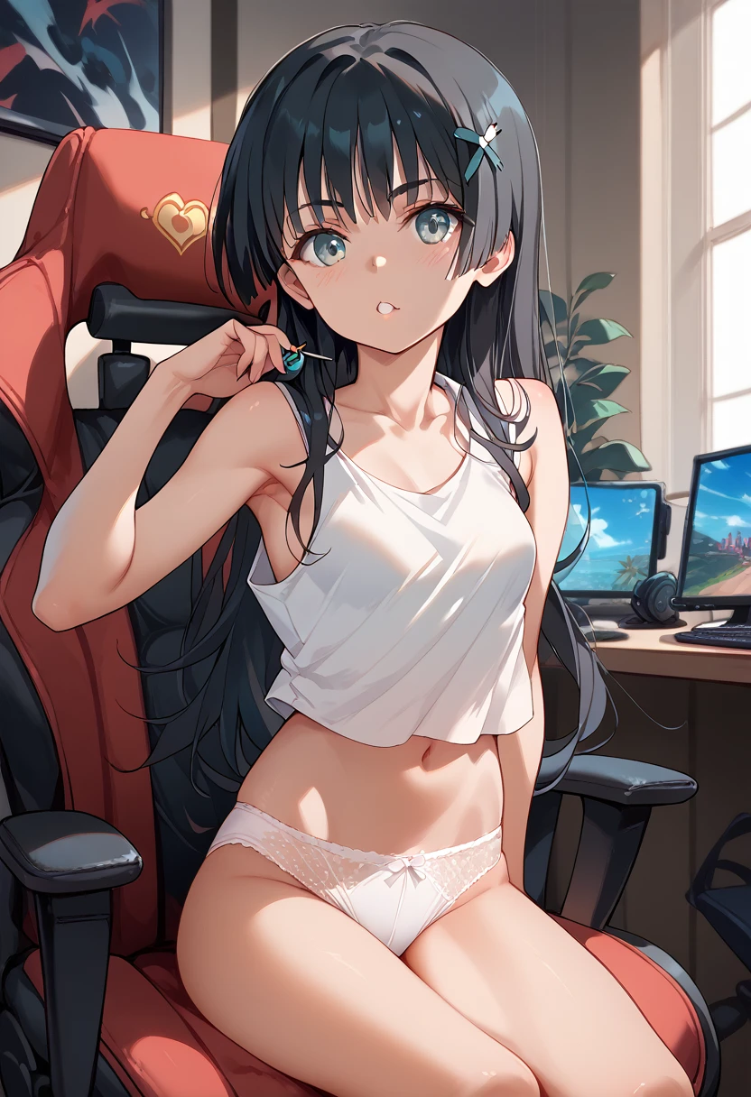 最high quality、best image quality、masterpiece、teenage girl((18-year-old、 By becoming、vest bust、medium bust,wide open breast tea、black eye, black hair、long hair、thin,highest valley、cute makeup、Corruption of infidelity、NSFW(Completely naked、open thighs))),high quality、beautiful art、background((Gaming Desk、gamingroom、Gaming Chair、Gaming PC、controller)),debris flies、Depth of written boundary、movie、visual art、perfect art、8K,genuine