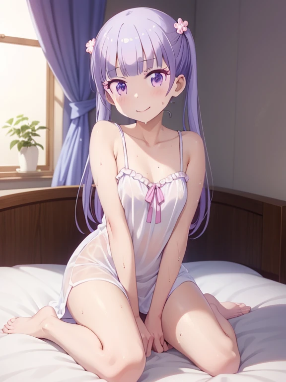 (masutepiece, Best Quality, hight resolution, nffsw, Perfect Pixel, depth of fields, 4K), 
1girl in,  , Beautiful anime girl, 
Looking at Viewer, 
Perfect body,  

 aoba suzukaze, ribbon, 
、  nightgown, white nightgown, bare shoulders, ,, , small breasts,  ,  , ,, indoor , bed room, on bed, thighs, bare foot, smile