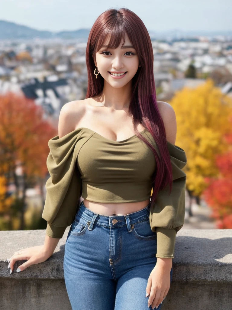 (SFW:1.5), (((Perfect Anatomy))), "(((Mastepiece, Ultra High Quality))), Ultra-high resolution:2.0, 8k, masterpiece, (((Realistic:1.5, whole body, Wide angle))), "(((A young female K-pop idol, Age 19)))", "Beautiful face, (Well-organized), Slit eyes:1.8, Big Eyes, まっすぐWell-organized鼻筋, Ulzzang Makeup, (Smiling with white teeth)", "{{Vulgar}}, (Natural skin texture, Clear and fair skin:1.8, Fair skin), (Cleavage:1.2), Glowing Skin",Sunshine, "(Slender body, Toned body,Narrow waist)", "(gloss々Hair, See-through bangs, Long Hair, Straight Hair, Pink inner color)",  "((Off-the-shoulder khaki outerwear))", Skinny jeans, Layered,"((Black sleeveless top with bare midriff))", (place：Sontokutei in Autumn), (((View here:1.8))), , 