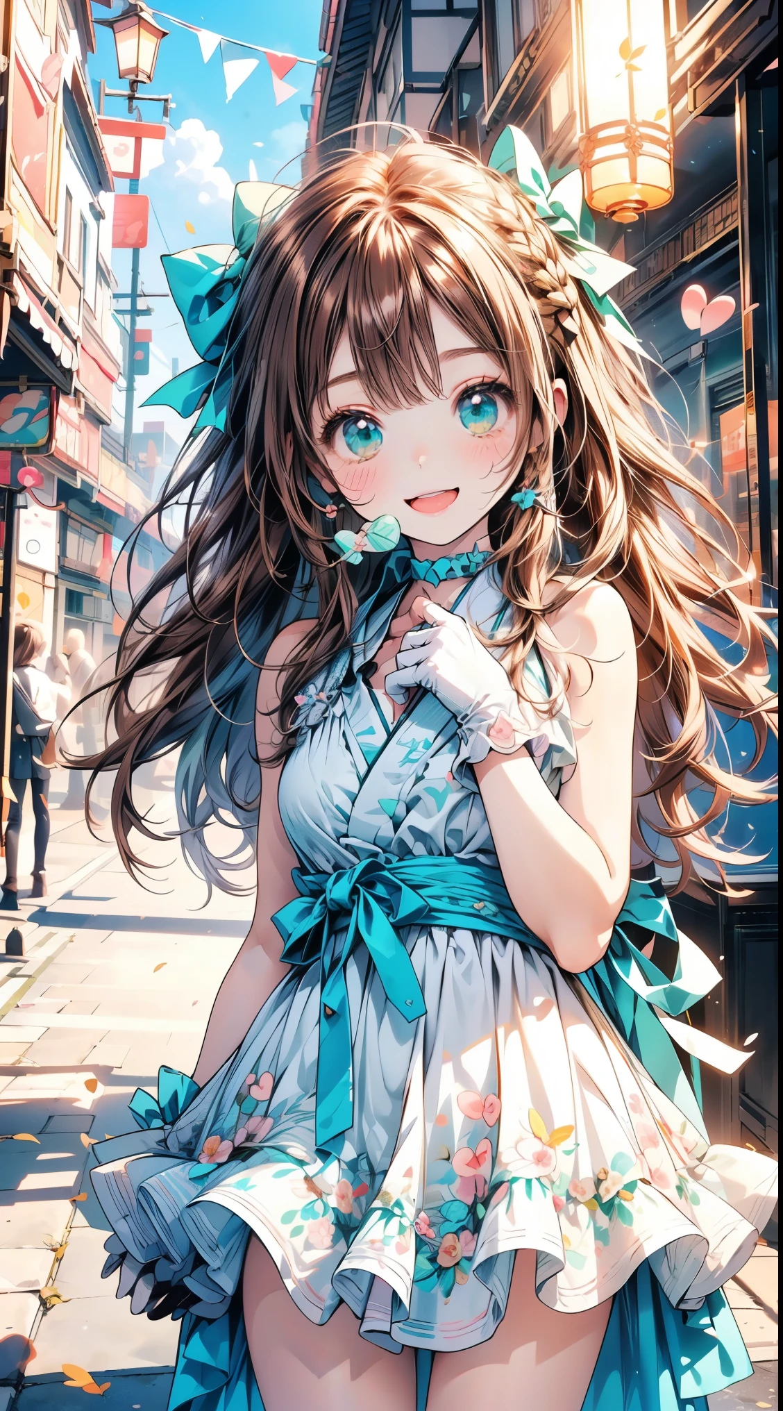 (8k, RAW photo, best quality, masterpiece, highres, absurdres, ultra detailed:1.3), (Photography, realistic, photo-realistic:1.4), (beautiful natural lighting, beautiful deatailed shadow, beautiful detailed glow :1.4), atmospheric, 

BREAK 1 beautiful girl,(Cute:1.5),(Chibi:0.5),(kawaii:2),(****:2),( girl),(Solo:1.65) BREAK (huge breasts:1.2,),white skin shining in bright light,Shy,One beautiful,Colossal BREAK (Hair Bow, cloud-like hair, reddish brown hair, Twin-tail:1.55 ),(Brown eyes, long eyelashes, double eyelids:1.4),Shiny skin BREAK Star\ (symbol\, (gloves, white gloves: 1.3), (bug, dress, polka dot: 1.3), (girl winking and smiling,:d,joyful,blush:1.25),super kawaii girl, super kawaii girl, BREAK 1 Super cute anime girl with hair fluttering in the wind, (Young woman with unkempt hair: 1.65),

BREAK (She is wearing a ruffled white dress with a large pink ribbon on her chest:1.15), flowers and ribbons in her hair,

 BREAK (holding a large blue and green shiny heart-shaped candy in her hand:1.45), with a small white kitten jumping happily next to her,

 BREAK She is standing on a cobblestone street in a traditional Japanese townscape in autumn, with bright red, orange and yellow autumn leaves in the background, traditional Japanese houses and streetlights can be seen, warm and soft light envelopes the entire scene, creating a peaceful and nostalgic atmosphere, fallen leaves are scattered around her and Ori,

 BREAK Overall, a dreamy, fantastical atmosphere is depicted in the background, the color palette is pastel, with pale blues, pinks, and purples dominating the scene,

 BREAK wakame,wakame,wakame,(cowboy shot,from front:1.4) BREAK manga illustration.stocking,manga style,(ultra rich intricately proper sketch+cake+airbrush+colored pencil:1.1),(ultra highres composition details:1.2), (delicate illustration), (Kyotoanimation style illustration:0.9), (watercolor style illustration:0.4), 