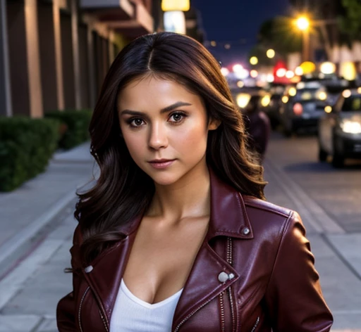 best quality, realistic, front pov, Nina Dobrev in a los angeles city street, (a female mexican supermodel), (sexy wine red leather jacket:1.1), cleavage, seductive smile, (dark hair), (updo hair:1.0), perfect eyes, sharp details, detailed face, face makeup, cheeks blush, eyeliner, eyeshadows, lip gloss, supermodel, (deep focus), (hard lighting), (night time), (realistic lighting:1.0)