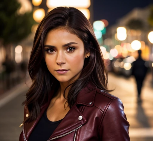 best quality, realistic, front pov, Nina Dobrev in a los angeles city street, (a female mexican supermodel), (sexy wine red leather jacket:1.1), cleavage, seductive smile, (dark hair), (updo hair:1.0), perfect eyes, sharp details, detailed face, face makeup, cheeks blush, eyeliner, eyeshadows, lip gloss, supermodel, (deep focus), (hard lighting), (night time), (realistic lighting:1.0)