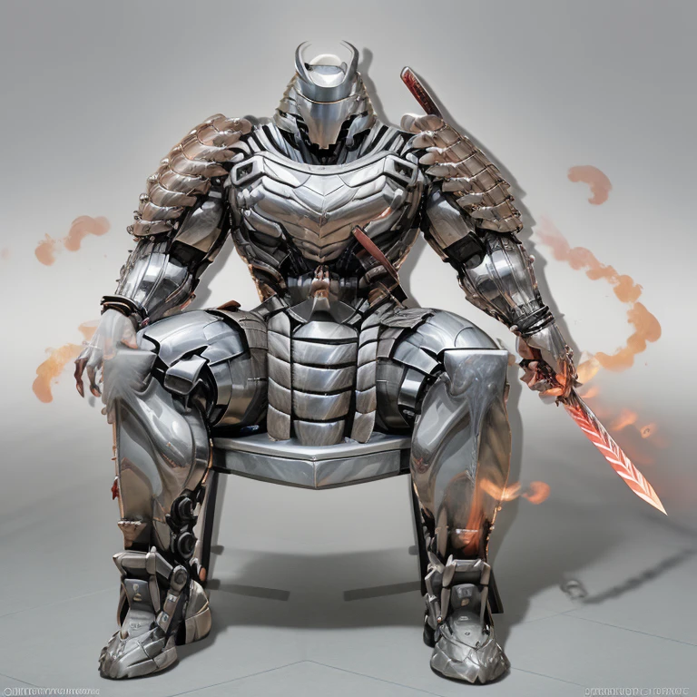 silver samurai.
- masterpiece, best quality, full body, 1boy.
- The background is a future city.
- armor suit, (full armor, cyborg, science fiction, combat helmet) 
- dominating silver samurai. macro. stomp. Low-angle perspective. emphasizing the immense size.
-  The Silver Samurai looks majestic as he sits on his silver mechanical throne. The throne has a backrest.
- holding sword. holding katana.
- The Silver Samurai wears a very wide and long silver cloak.  
- The claws are sharp. 5 toes.
- full body, No face, 
- looking at viewer, 
- covered in full metal armor, armored samurai,
- GTS, macro, giant. footstomp. stomp, giant,